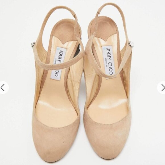 Jimmy Choo-Beige Suede & Leather Heels with multi-shape Crystals. Size 39 (US 9) - Picture 4 of 9